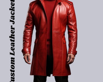 Abrigo largo rojo de cuero hecho a mano para hombres, abrigo rojo de cuero genuino, abrigo de cuero para hombres, regalo para él, abrigos de cuero real, abrigo de cuero rojo para hombres