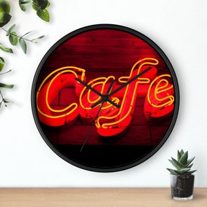 Cafe Sign Wall Clock, neon look cafe sign, kitchen wall clock, housewarming gift, bridal shower gift, bright kitchen clock