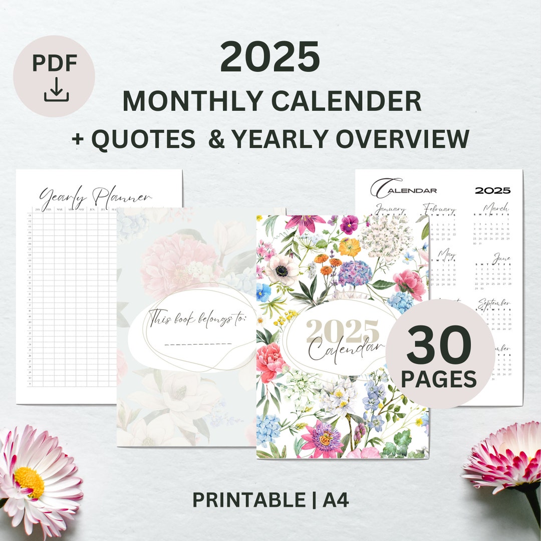 Printable 2025 Monthly Calendar Bonuses Monthly Calendar Quotes Yearly ...