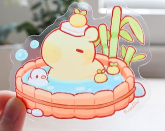 Capybara Onsen Vinyl Sticker (Transparent) | Cute Kawaii Capybara Sticker, Journal, Water Bottle, Laptop Sticker, Waterproof Decal