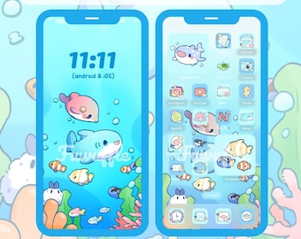 Underwater Shark Icon Set, Cute Icons, iOS Android App Icons, Wallpapers for Phone and iPad, Kawaii Aesthetic Icon Pack