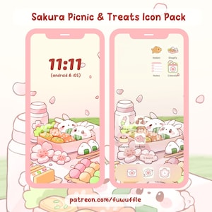 Sakura Picnic Onigiri Bunny Icon Set, Cute Icons, iOS Android App Icons, Wallpapers for Phone and iPad, Kawaii Aesthetic Icon Pack