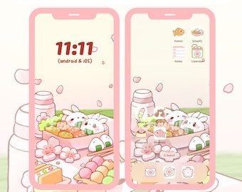 Sakura Picnic Onigiri Bunny Icon Set, Cute Icons, iOS Android App Icons, Wallpapers for Phone and iPad, Kawaii Aesthetic Icon Pack