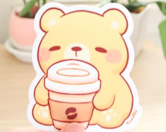 Coffee Bear Vinyl Sticker | Cute Kawaii Bear Sticker, Bear Sticker, Journal, Water Bottle, Laptop Sticker, Waterproof Decal