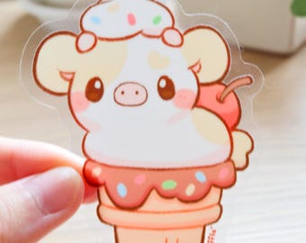 Ice Cream Cow Vinyl Sticker (Transparent) | Cute Kawaii Cow Sticker, Food Sticker, Laptop Sticker, Water Bottle Sticker, Waterproof Decal
