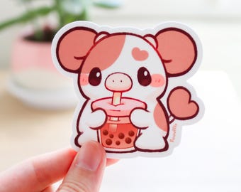 Boba Cow Vinyl Sticker | Cute Kawaii Cow Sticker, Boba Stickers, Milk Tea Sticker, Laptop Sticker, Water Bottle Sticker, Waterproof Decal