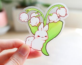 Lily of the Valley Bunny Vinyl Sticker (Transparent) | Cute Kawaii Bunny Sticker, Flower Sticker, Laptop Bottle Sticker, Waterproof Decal