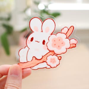 Cherry Blossom Bunny Vinyl Sticker (Transparent) | Cute Kawaii Bunny Sticker, Flower Sticker, Laptop Bottle Sticker, Waterproof Decal