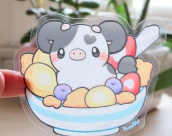 Cereal Cow Vinyl Sticker (Transparent) | Cute Kawaii Cow Sticker, Cereal Sticker, Laptop Sticker, Water Bottle Sticker, Waterproof Decal