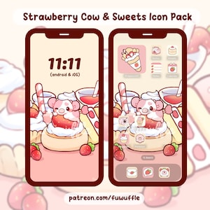 May include: A pink and white phone screen with a strawberry cow and sweets icon pack. The phone screen shows the time 11:11 and the text "(android & iOS)". The icons are for apps like Instagram, Pinterest, Calendar, Notes, and Widgetsmith.