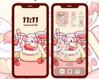 Strawberry Cow Icon Set, Cute Icons, iOS Android App Icons, Wallpapers for Phone and iPad, Kawaii Aesthetic Icon Pack