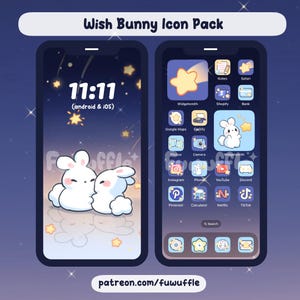 May include: A phone screen with a dark blue background and a starry night sky. Two white bunnies are cuddling on a cloud. The phone screen displays the time 11:11 and the text "(android & iOS)". The phone screen also shows a grid of app icons with a bunny theme.