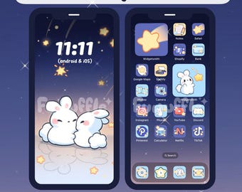Wish Bunny Icon Set, Cute Icons, iOS Android App Icons, Wallpapers for Phone and iPad, Kawaii Aesthetic Icon Pack