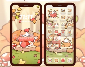 Cozy Autumn Cat Icon Set, Cute Icons, iOS Android App Icons, Wallpapers for Phone and iPad, Kawaii Aesthetic Icon Pack