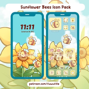 Sunflower Bees Icon Set, Cute Icons, iOS Android App Icons, Wallpapers for Phone and iPad, Kawaii Aesthetic Icon Pack