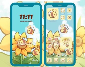 Sunflower Bees Icon Set, Cute Icons, iOS Android App Icons, Wallpapers for Phone and iPad, Kawaii Aesthetic Icon Pack