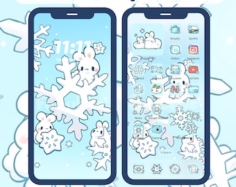 Snowflake Bunny Icon Set, Cute Icons, iOS Android App Icons, Wallpapers for Phone and iPad, Kawaii Aesthetic Icon Pack
