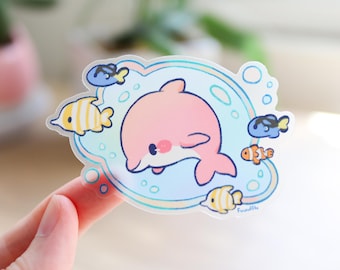 Bubble Dolphin Vinyl Sticker (Transparent) | Cute Kawaii Dolphin Sticker, Journal, Water Bottle, Laptop Sticker, Waterproof Decal