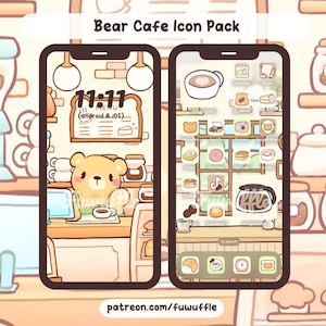 Bear Cafe Icon Set, Cute Icons, iOS Android App Icons, Wallpapers for Phone and iPad, Kawaii Aesthetic Icon Pack, Bear, Cafe Icons