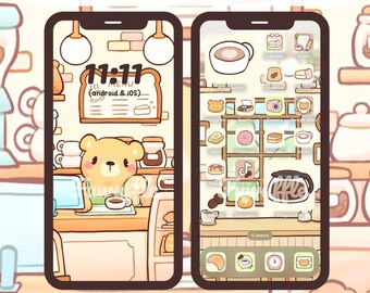 Bear Cafe Icon Set, Cute Icons, iOS Android App Icons, Wallpapers for Phone and iPad, Kawaii Aesthetic Icon Pack, Bear, Cafe Icons