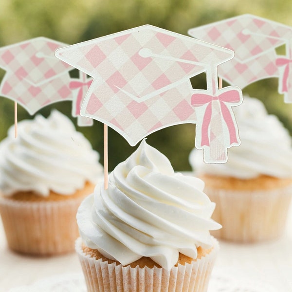 Grad Coquette Pink Bow Cupcake Toppers Set of 12 or 24 Graduation Cupcake Decor Soft Girl Cupcake Toppers