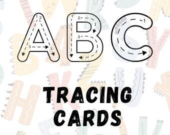 Puede incluir: Tarjetas de trazado con las letras A, B y C con líneas punteadas para que los niños puedan trazar. Las letras son en blanco y negro sobre un fondo blanco con un patrón de alfabeto colorido.