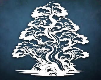 Puede incluir: Una silueta blanca de un árbol bonsái con ramas intrincadas y un tronco grueso, sobre un fondo azul oscuro.