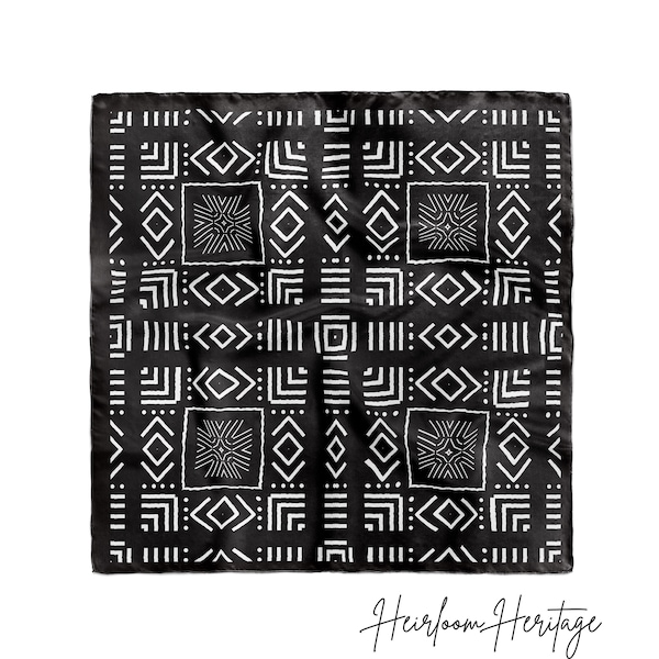 Large Satin Silk Scarf/Mudcloth/Head Wrap/Bonnet/Sleep Scarf/African Print Scarf/ 35” Square Scarf/Ankara print/Bandana/Black white scarf