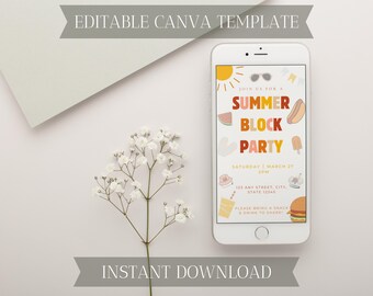 Summer Block Party Evite Template: Editable Mobile Invite (Digital Download)