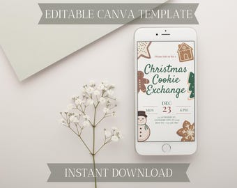 Christmas Cookie Exchange Evite | Editable Holiday Party Mobile Invite | Canva Template | Digital Download