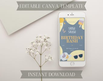 Editable Pool Party Evite: Summer Birthday Invitation Canva Template (Digital)