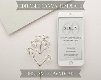 60th Birthday Evite | Editable Canva Template | Digital Invitation | Modern Party Invite