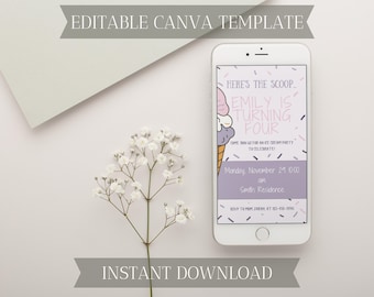 Ice Cream Social Evite | Kids Birthday Party Mobile Invite | Canva Template | Digital Download