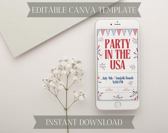 July 4th Evite | Patriotic Fourth Party Digital Invite | Canva Template | Instant Download
