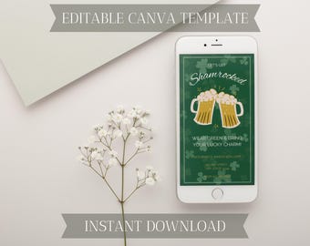 St Patrick’s Day Party Invitation | Editable Canva Template | Sip & Shamrock Evite | Digital Download Invite