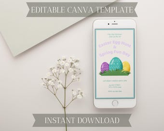 Easter Egg Hunt Invitation | Editable Canva Template | Kids Easter Party Evite | Digital Download Invite