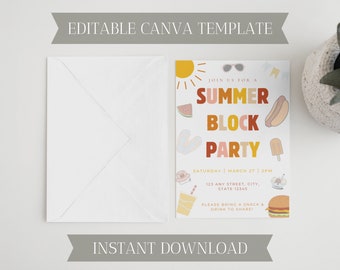 Summer Block Party Invitation | Editable Party Invite | Canva Template | Digital Download