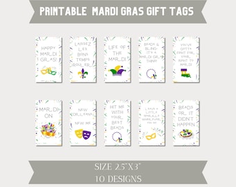 Peut inclure: Dix étiquettes cadeaux imprimables pour le Mardi Gras avec des motifs festifs et des textes tels que "Joyeux Mardi Gras !" et "Des perles ou ça n'est pas arrivé". Les étiquettes mesurent 6,35 cm sur 7,62 cm.