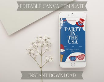 4th of July Evite | Patriotic Party in the USA Invite | Canva Template | Digital Download
