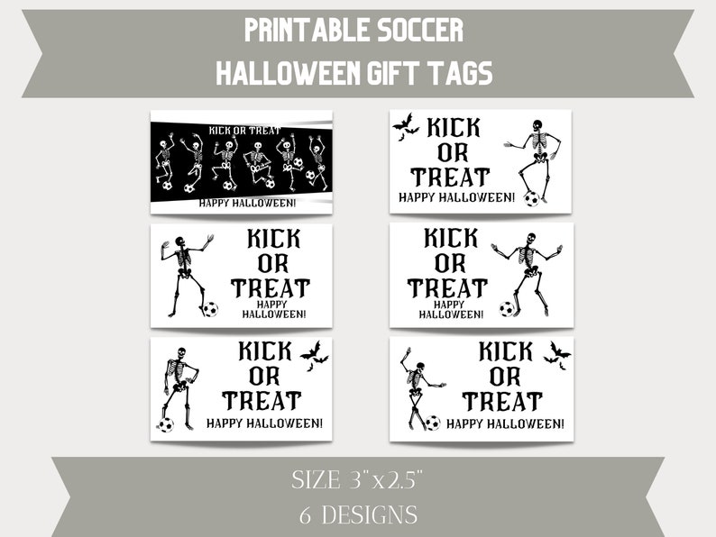 Puede incluir: Seis etiquetas de regalo de Halloween imprimibles con un esqueleto jugando al f&uacute;tbol con el texto "Kick or Treat" y "Happy Halloween!" Las etiquetas miden 7,6 cm por 6,4 cm.