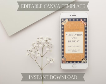 Movie Night Evite | Kids Birthday Party Invitation | Canva Template