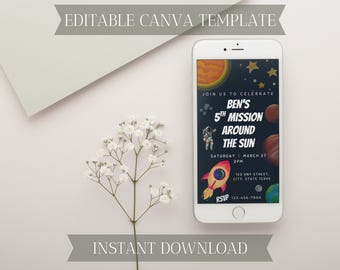 Astronaut Evite | Outer Space Themed Mobile Invite | Canva Template | Digital Download