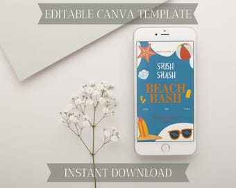 Beach Bash Evite | Ocean Themed Party Mobile Invite | Canva Template | Digital Download