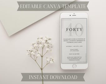 40th Birthday Evite | Editable Canva Template | Digital Invitation | Modern Party Invite