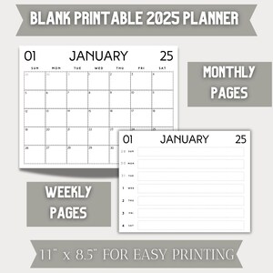 2025 Printable Monthly and Weekly Planner | Blank Calendar | Instant Digital Download