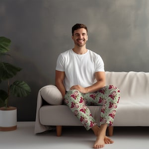 Spodnie piżamowe męskie z nadrukiem granatów na jasnoszałwiowym tle