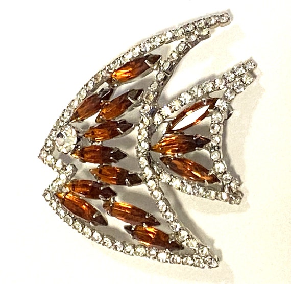 Angelfish brooch and clip-on earrings, orange rhi… - image 2