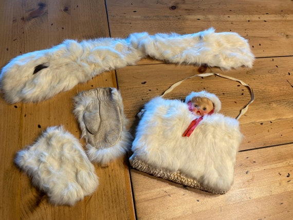 Rabbit fur muff, scarf, mittens (1950s) - image 1