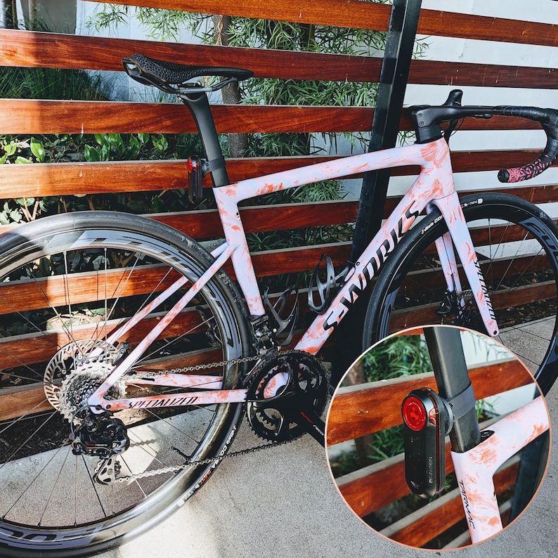 Puede incluir: Una bicicleta de carretera Specialized S-Works con un estampado floral rosa y rojo. La bicicleta tiene neum&aacute;ticos negros, un asiento negro y una luz trasera. El cuadro tiene el logotipo "S-Works". La bicicleta est&aacute; apoyada en una valla de madera.