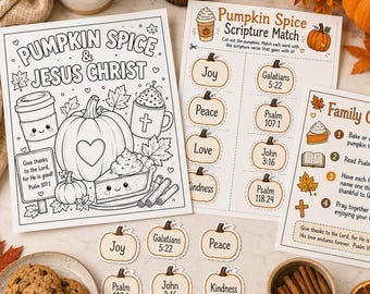 Pumpkin Spice Jesus Christ Family Faith Activity Pack | Fall Coloring Bible Game Challenge